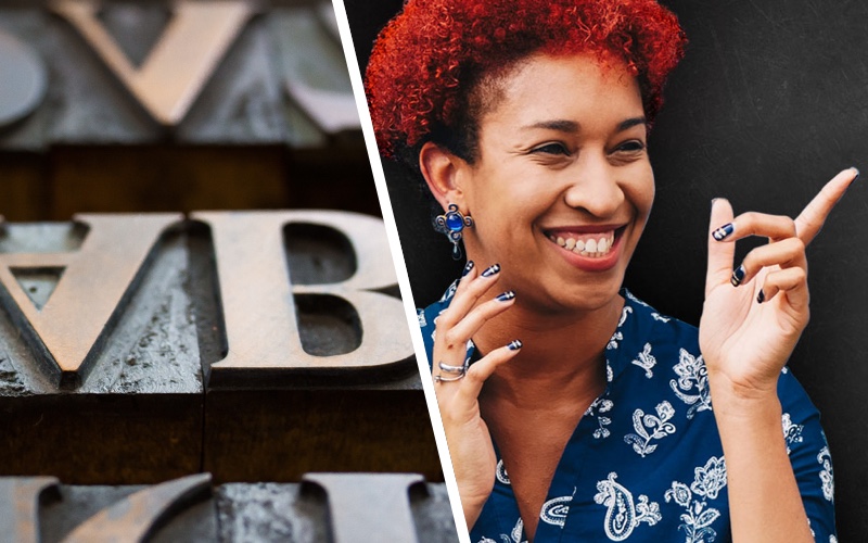 Image collage: on the left side wooden letters as a symbol for the Gutenberg editor of WordPress; on the right side a young woman from the TYPO3 press material for version 9