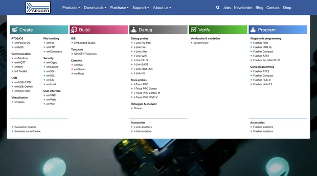 The image displays the product overview in the main navigation, including sections like Create, Build, Debug, Verify, and Program. Each section lists various software and hardware tools for embedded systems development, such as RTOS/OS, debug probes, and programming devices.