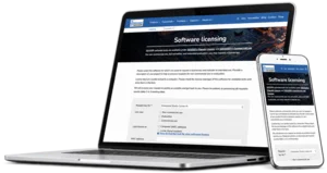 Ein Laptop und ein Smartphone zeigen die SEGGER-Webseite zur Softwarelizenzierung mit einem Formular zur Anfrage eines Lizenzschlüssels.