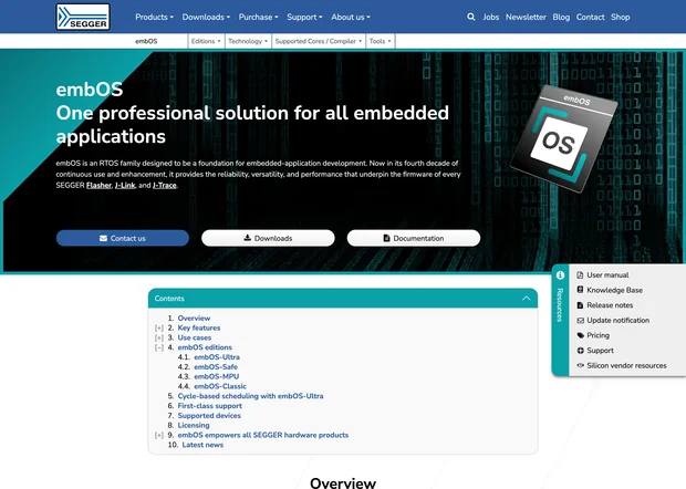 The image displays the embOS website, promoting it as a professional solution for embedded applications. It highlights embOS as an RTOS family with reliability, versatility, and performance. The image includes navigation options like Contact Us, Downloads, and Documentation, along with a table of contents for detailed information.
