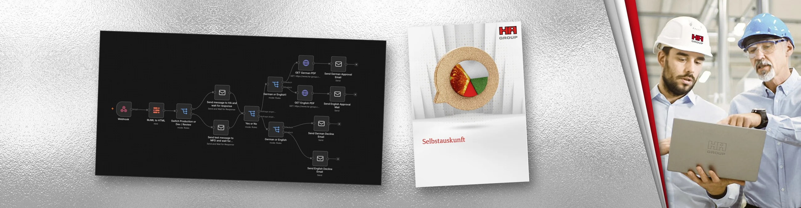 Ein Prozessdiagramm auf schwarzem Hintergrund, ein Dokument mit dem Titel Selbstauskunft und zwei Bauarbeiter in Schutzhelmen, die gemeinsam auf einen Laptop schauen.