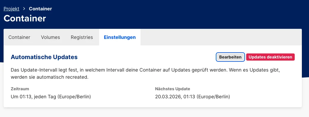  Navigation tab "Einstellungen" selected. Shows automatic updates info:**
