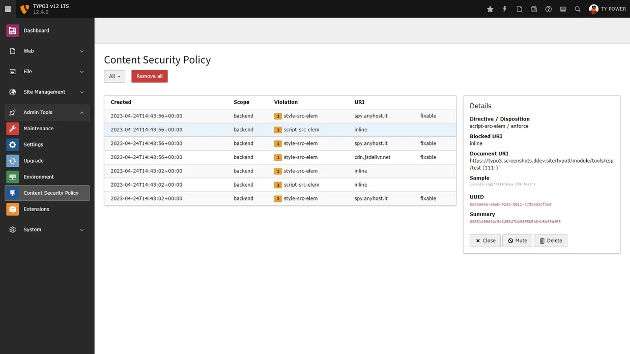 TYPO3 backend module "Content Security Policy"