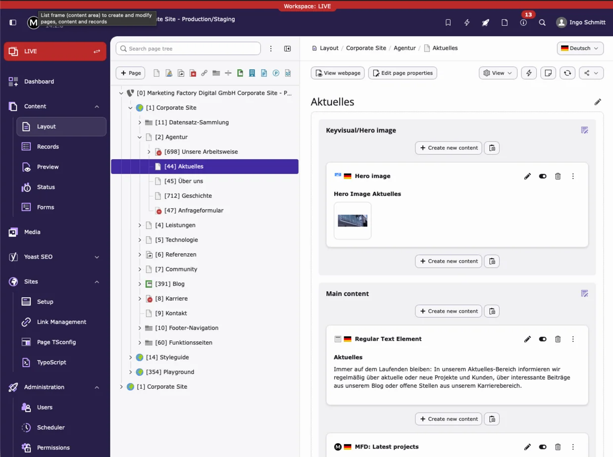 TYPO3 v14 displaying the Aktuelles (News) page setup under Corporate Site layout. Hero image section with placeholder text Hero Image Aktuelles, followed by main content area with a regular text element preview. Users can create or edit content using buttons.