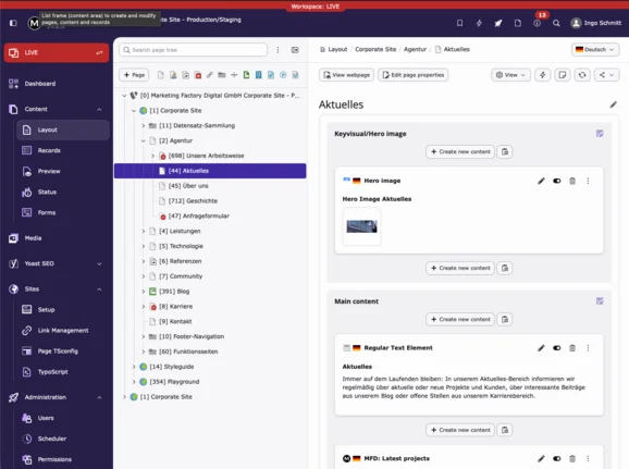 TYPO3 v14 displaying the Aktuelles (News) page setup under Corporate Site layout. Hero image section with placeholder text Hero Image Aktuelles, followed by main content area with a regular text element preview. Users can create or edit content using buttons.