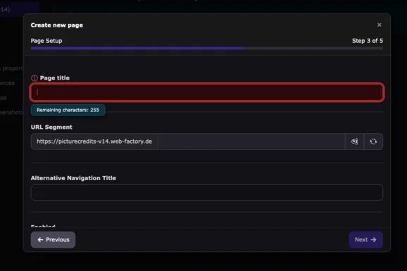 TYOPO3 v14 backend: Form for creating a new page showing page setup: an input field for page title with 255 remaining characters, a fixed URL segment field, and an input field for alternative navigation title, with next and previous buttons at the bottom.