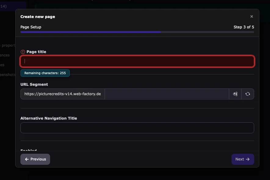 TYOPO3 v14 backend: Form for creating a new page showing page setup: an input field for page title with 255 remaining characters, a fixed URL segment field, and an input field for alternative navigation title, with next and previous buttons at the bottom.