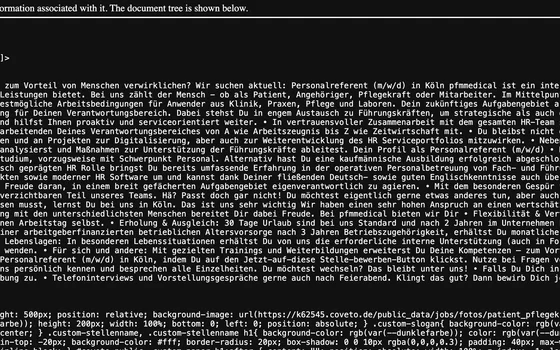 XML code for a job advertisement for an HR Specialist at pfmmedical in Cologne. The text outlines the responsibilities in recruiting and employer branding, as well as the requirements for the applicant.