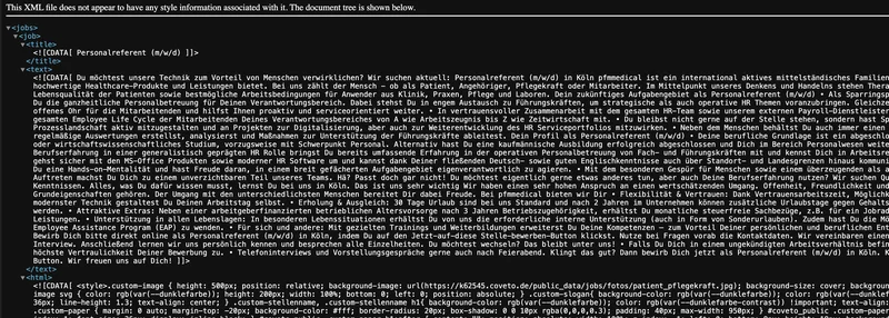 XML code for a job advertisement for an HR Specialist at pfmmedical in Cologne. The text outlines the responsibilities in recruiting and employer branding, as well as the requirements for the applicant.