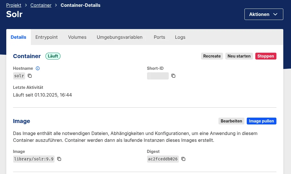 The image displays a web interface for managing a Solr container. It shows the hostname, short ID, last activity date, and image details, including the specific version of Solr being used. Action buttons for recreating or stopping the container are also present.