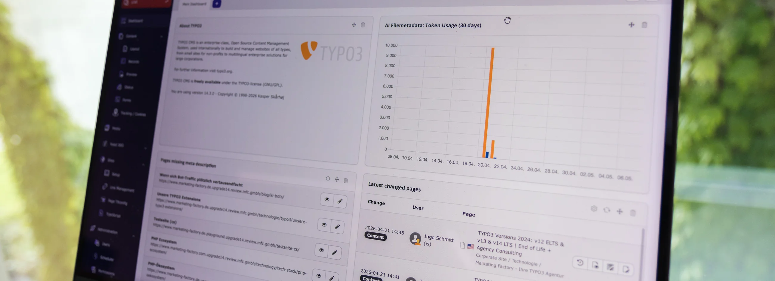 A laptop screen shows the TYPO3 content management system interface, displaying a dashboard with a token usage chart, a list of pages missing metadata, and a log of recent page changes.
