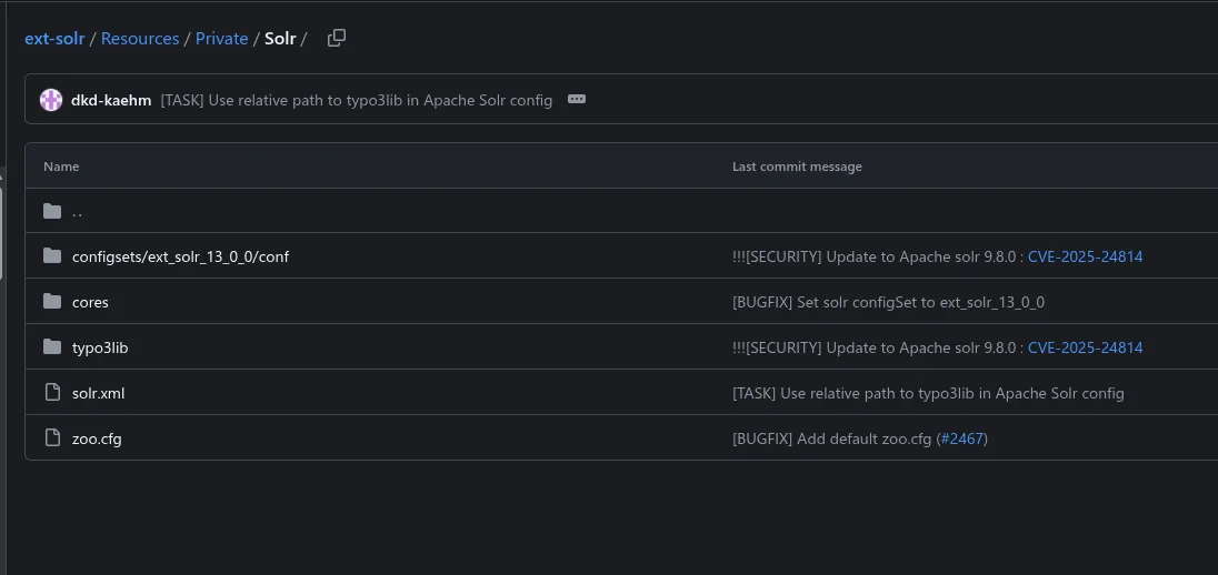 A screenshot of a code repository showing a directory structure related to Apache Solr configuration files. Key files listed include "solr.xml," "zoo.cfg," and "config" directories, with commit messages noted for updates and tasks related to security and configuration.