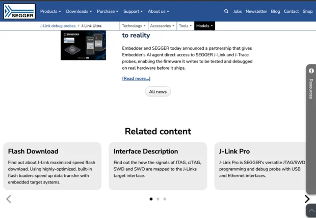 SEGGER-Webseite für J-Link Ultra. Unten ist der Related Content für den J-Link Ultra zu erkennen.