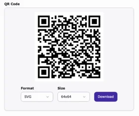 A QR code image for downloading is displayed. The format options include SVG with a size of 64x64 pixels, featuring a standardized black and white pixel grid pattern.