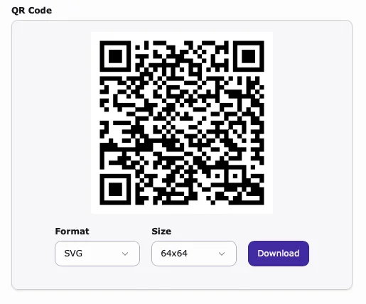A QR code image for downloading is displayed. The format options include SVG with a size of 64x64 pixels, featuring a standardized black and white pixel grid pattern.