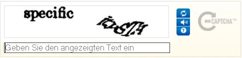 CAPTCHA image displaying the word 'specific' in a stylized font and a distorted version of 'itySTA'. The text below instructs users to enter the displayed text.