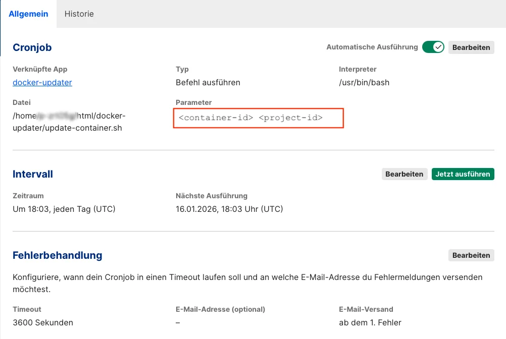 This image displays a cron job configuration for a script named "update-container.sh" in the "docker-updater" app. 