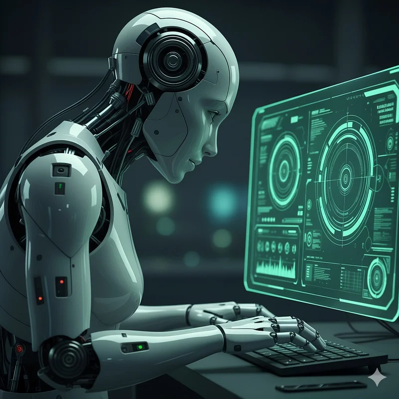 Ein humanoider Roboter sitzt an einem Schreibtisch und arbeitet an einem Computer. Der Bildschirm zeigt verschiedene technische Diagramme und Daten. Der Roboter scheint konzentriert zu sein und verwendet eine Tastatur. Die Umgebung ist dunkel und futuristisch.