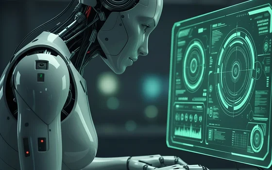 Ein humanoider Roboter sitzt an einem Schreibtisch und arbeitet an einem Computer. Der Bildschirm zeigt verschiedene technische Diagramme und Daten. Der Roboter scheint konzentriert zu sein und verwendet eine Tastatur. Die Umgebung ist dunkel und futuristisch.