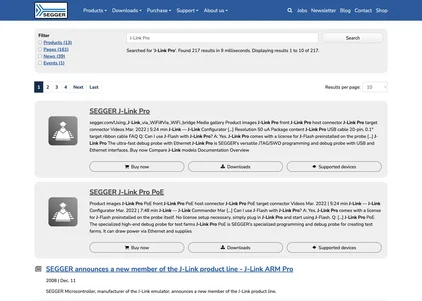 The image displays a search results page for "J-Link Pro" on SEGGER's website. It shows two main products: SEGGER J-Link Pro and SEGGER J-Link Pro PoE, each with a brief description, images, and options to buy, download, and view supported devices. Additionally, there's a news announcement about a new J-Link product line member.