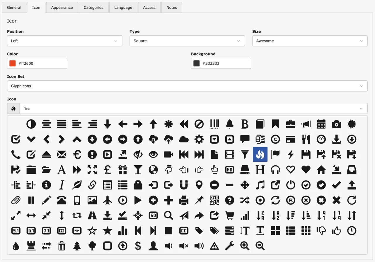 A configuration panel for an icon widget showing settings for position, type, size, and colors. Below, a grid of various icons is displayed with a blue flame icon selected, matching the search term 'fire'.