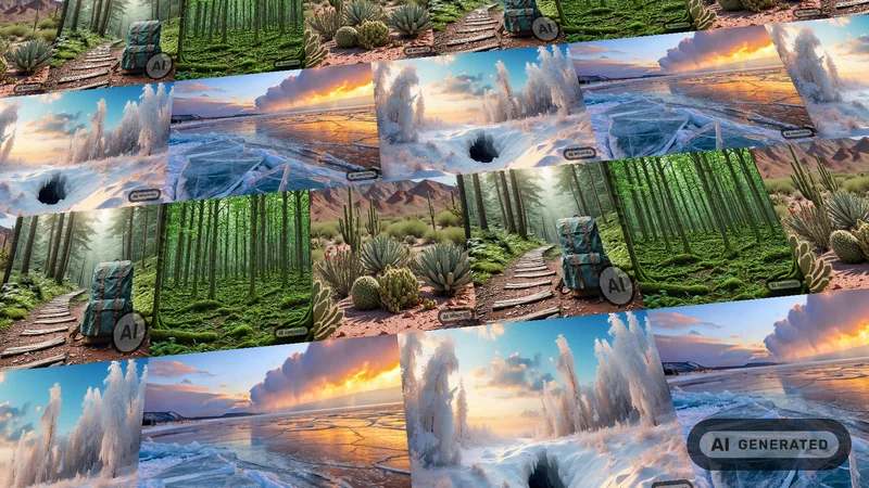 AI Generated - photo collage of AI images with EU AI icon tags A collage of AI-generated nature images depicting lush green forests with wooden paths and backpacks, desert landscapes with cacti, and frozen icy scenes under a sunset sky. A badge in the corner labels the content as AI generated.