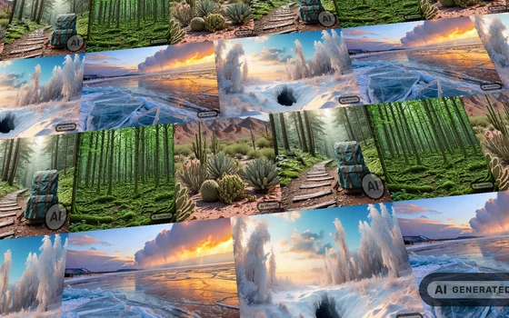 AI Generated - photo collage of AI images with EU AI icon tags A collage of AI-generated nature images depicting lush green forests with wooden paths and backpacks, desert landscapes with cacti, and frozen icy scenes under a sunset sky. A badge in the corner labels the content as AI generated.
