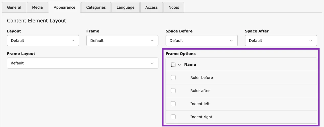 A screenshot of a Content Element Layout configuration panel. Dropdown menus for layout, frame, and spacing are visible. A purple outline highlights the Frame Options section, containing checkboxes for Name, Ruler before, Ruler after, Indent left, and Indent right.