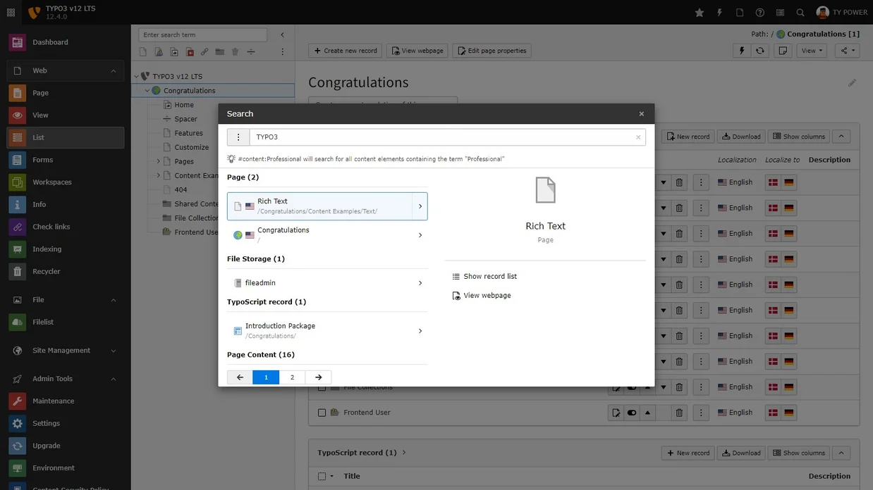 Live search functionality in the TYPO3 backend