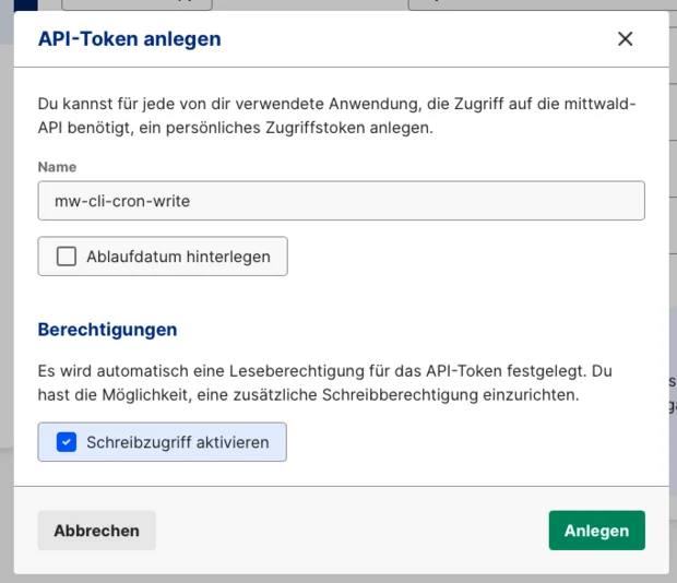 German interface for creating a new API token. Fields include a name box labeled 'mw-cli-cron-write', an optional checkbox to set an expiration date, and permissions section to enable 'Schreibzugrif‌ automó nucleotidesen’ access. Two clickable buttons at the bottom: 'Abbrechen' and 'Anlegen'.